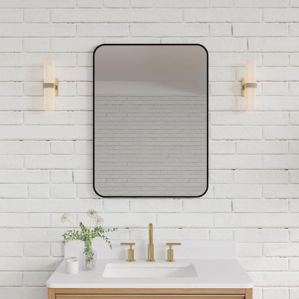 ANGELES HOME 24 in. W x 32 in. H Small Rectangular Anodized Aluminum Framed Wall Bathroom Vanity Mirror in Matte Black