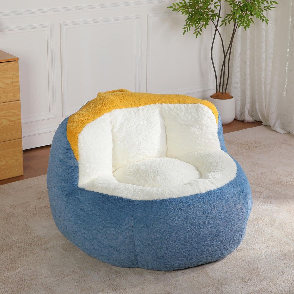 Blue Multicolor Faux Fur Oversized Bean Bag Chairs Lounger Sofa Filled with Shredded Sponge