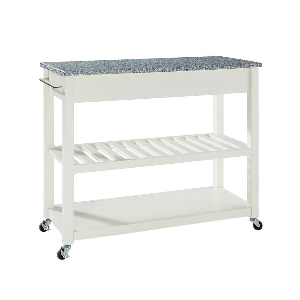 White Granite Top Kitchen Cart with Wine Rack and Storage
