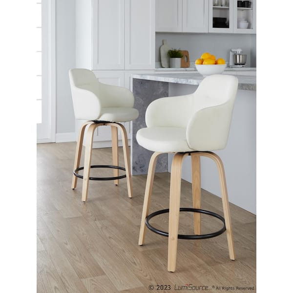 LumiSource Boyne 24 in. White Faux Leather, Natural Wood and Black Metal Fixed-Height Counter Stool (Set of 2)