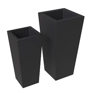 Orna 2-Piece Modern Fiberstone Weather-Resistant Square Planter Pot with Drainage Holes for Home and Garden in Black