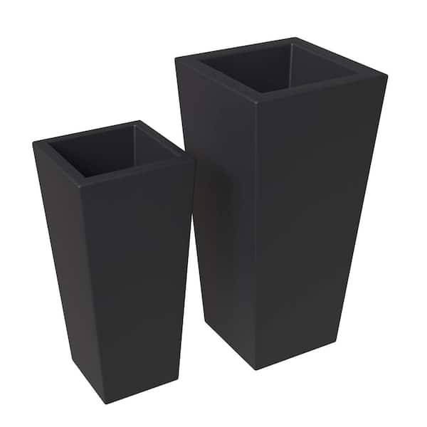 LeisureMod Orna 2-Piece Modern Fiberstone Weather-Resistant Square Planter Pot with Drainage Holes for Home and Garden in Black