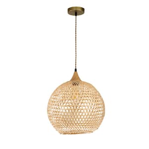 48-Watt 1 Light Natural Wood Color Cage Shape Height Adjustable Pendant Light with Rattan Shade, No Bulbs Included