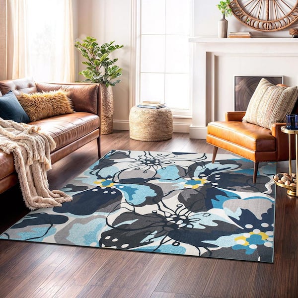 Contemporary Large Floral Non-Slip (Non-Skid) Gray 6 ft. 6 in.  x  in. 6 ft. 6 in.  Square Indoor Area Rug
