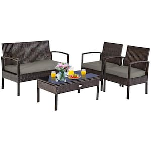 4-Piece Wicker Outdoor Patio Conversation Set with Tan Cushions and Coffee Table