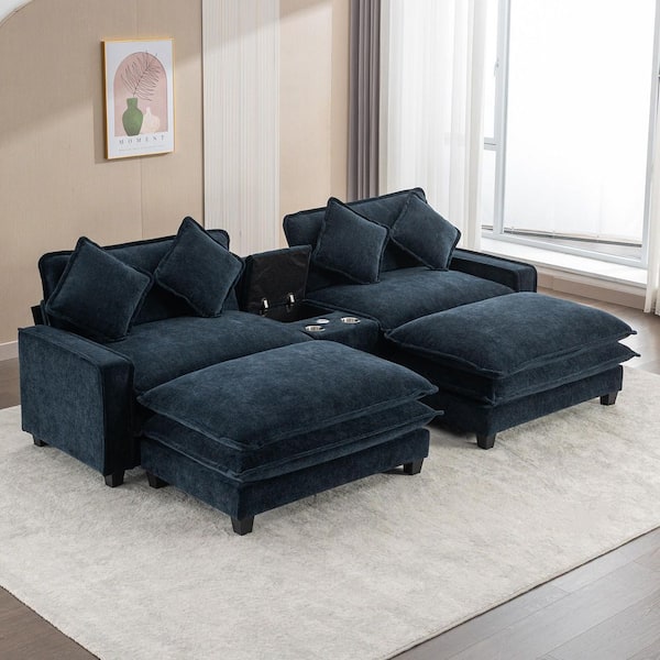 Joan 111 in. Chenille Upholstered Rectangle Sectional Sofa in. Blue with 2 Removable Ottoman, 2 Cup Holders, Storage Box