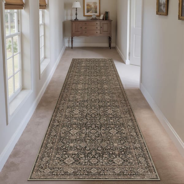 Qom Brown 2 ft. x 8 ft. Distressed Vintage Floral Washable Runner Rug