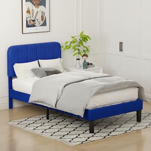 Upholstered Bed Frame Blue Metal Frame Twin Platform Bed with Adjustable Headboard, Strong Wooden Slats Support