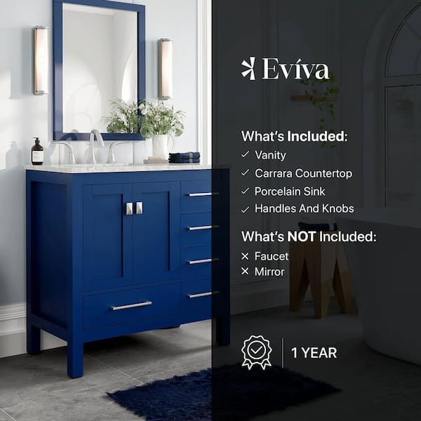 Eviva Navy 36 inch Deep Blue Bathroom Vanity with White Carrera Counter-top  and White Undermount Porcelain Sink