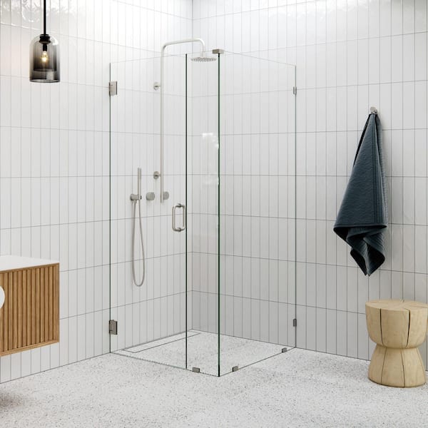 34 in. W x 34 in. D x 78 in. H Pivot Frameless Corner Shower Enclosure in Brushed Nickel Finish with Clear Glass
