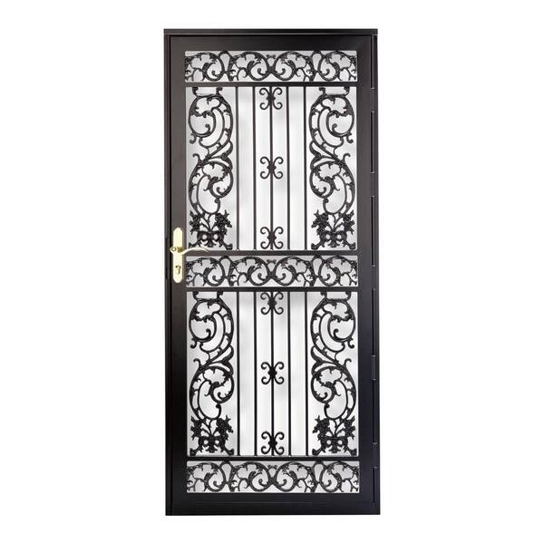 Grisham 36 in. x 80 in. 114 Series Black Bird of Paradise Hinge Right Security Door with Self-Storing Glass Feature