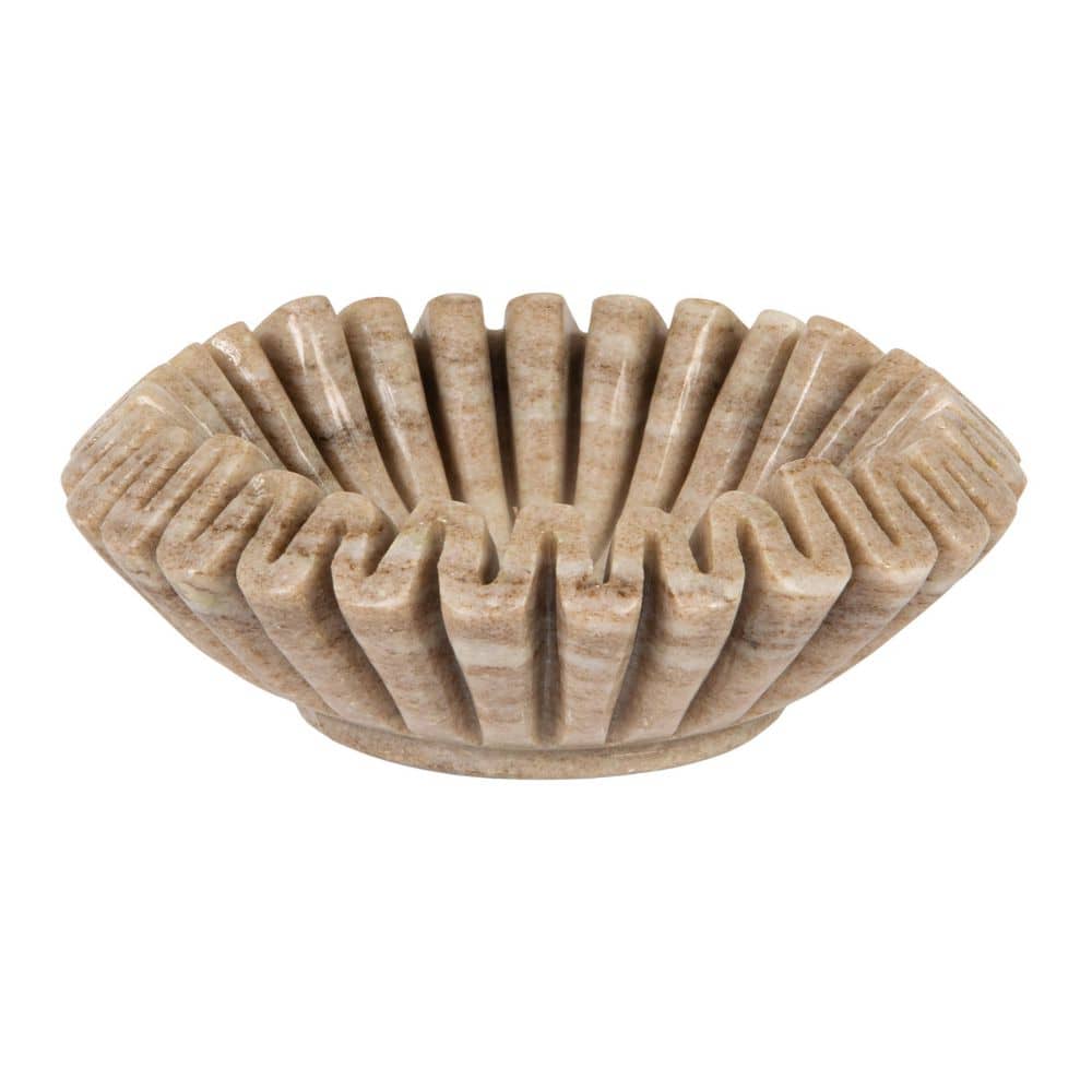 Storied Home 7 in. 68 fl. oz. Beige Marble Round Pleated Serving Bowl
