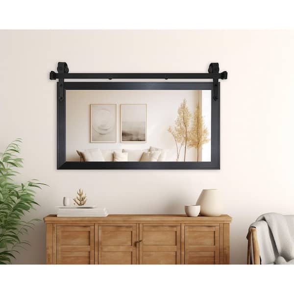 (33 in. W x 22 in. H) Black Steel Modern Rustic Mirror with Steel Barn Door Rail