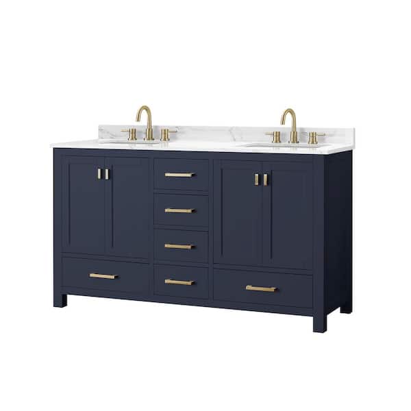 Modero 61 in. Double Sink Navy Blue Bath Vanity with Cala White Engineered Stone Top