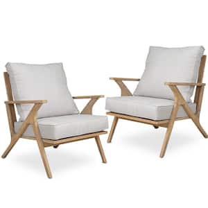 Outdoor Patio Furniture Acacia Wood Wood Color Chairs With Light Grey Cushions, Set of 2