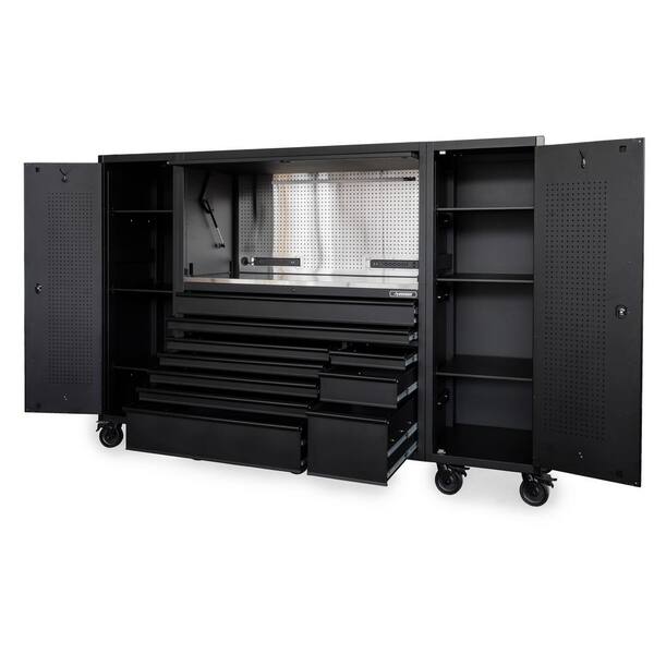 Husky 62 in. W x 24 in. D Heavy Duty 10-Drawer Mobile Workbench with Combo Hutch and 2 Tall Side Lockers in Matte Black