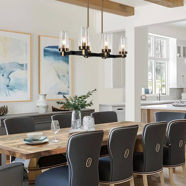 27 in. 6-Light Modern Black Island Chandelier, Seeded Glass Brass Gold Pendant Light, Farmhouse Dining Room Chandelier