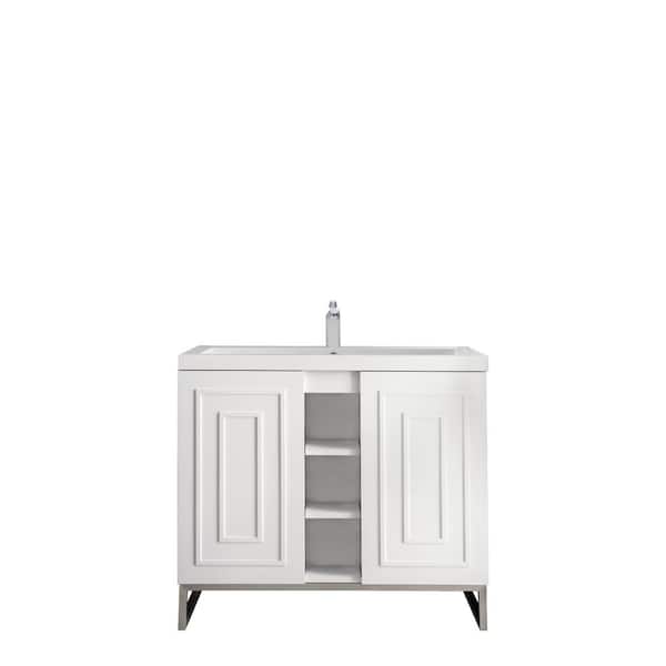 James Martin Vanities Alicante 39.4 in. W x 15.6 in. D x 35.5 in. H Bath Vanity in Glossy White and Nickel with White Glossy Resin Top