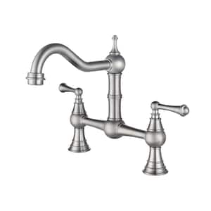 Double Handle Bridge Kitchen Faucet 2 Holes Commercial Brass Kitchen Sink Faucets with Swivel Spout in Brushed Nickel