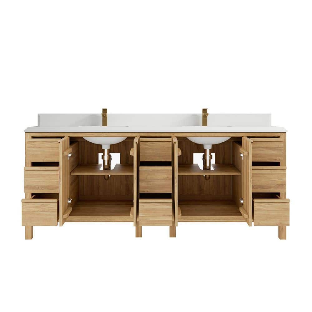 Elizabeth 84" Light Natural Teak Double Sink Vanity with White Quartz