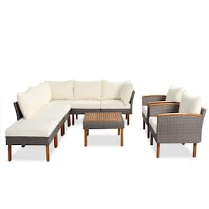 9-Piece Wicker Outdoor Sectional Set, Patio Rattan Conversation Set with Wood Legs and Tabletop, Beige Washable Cushions