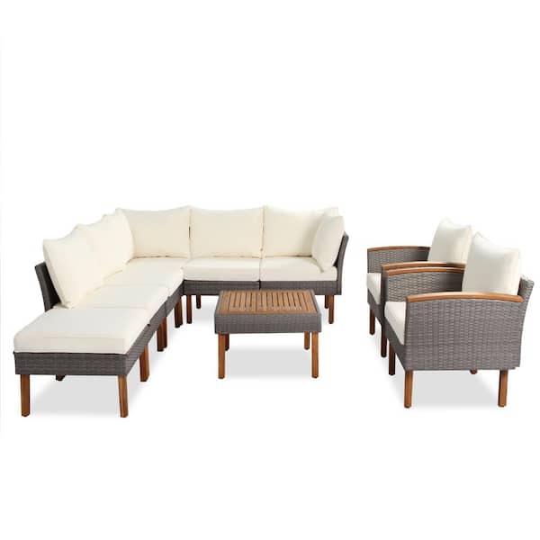 Unbranded 9-Piece Wicker Outdoor Sectional Set, Patio Rattan Conversation Set with Wood Legs and Tabletop, Beige Washable Cushions