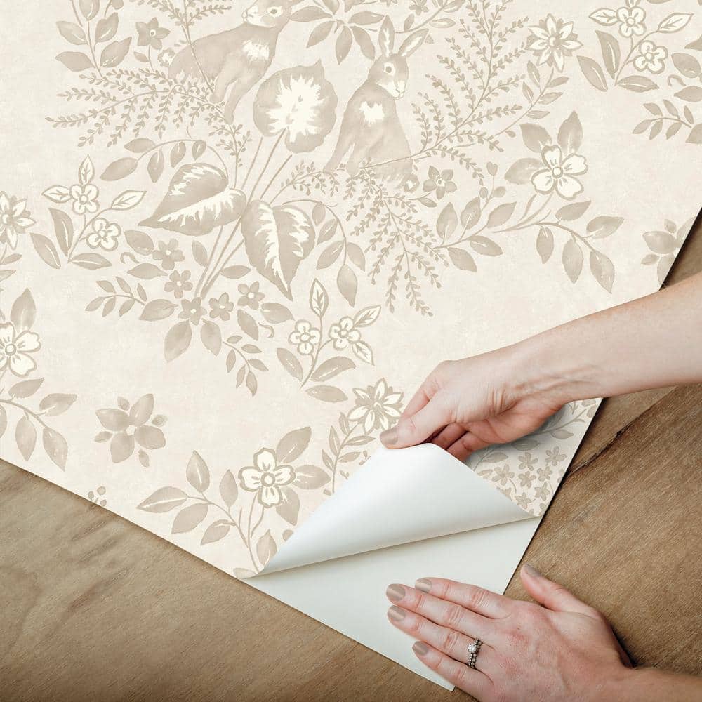 Wicker Beige Damask Peel & Stick Wallpaper with Rabbit Design