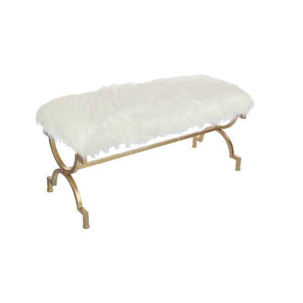 Litton Lane Gold Bench with White Faux Fur Top 20 in. X 42 in. X 17 in.