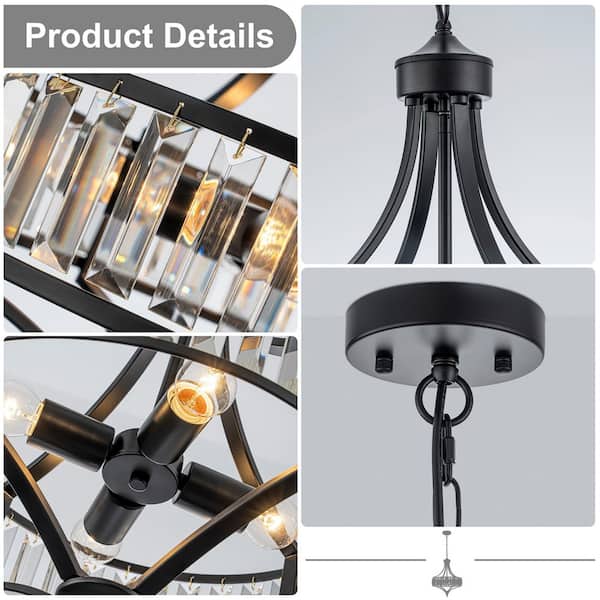 TinHon 4-Light Black Crystal Chandelier with E26 Sockets, Modern