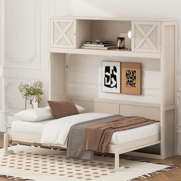 Doralin Modern Rustic Beige Wood Frame Queen Size Murphy Bed with Storage Cabinets