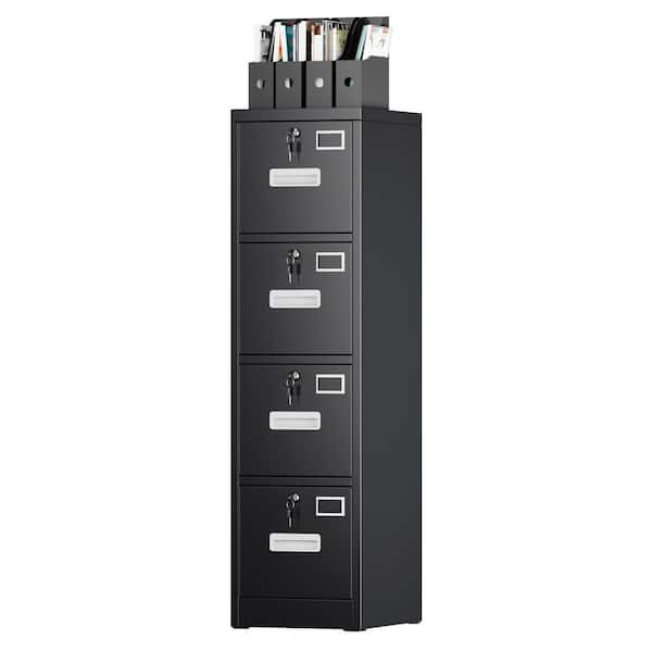 Kaikeeqli 15 in. W x 55 in. H x 18 in. D Vertical File Cabinet with 4-Drawer in Black, Lockable Metal Storage Freestanding Cabinet