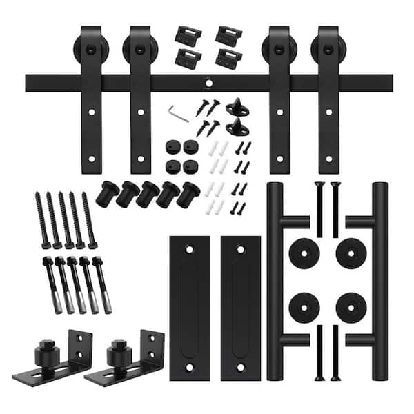 Boyel Living 12 ft./144 in. Black for Double Doors Steel Sliding Barn Door Track and Hardware Kit with 12 in. Round Handle Set