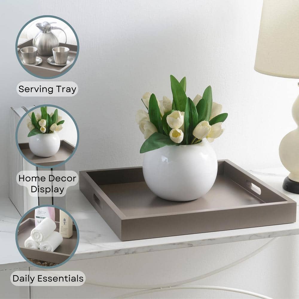 Gray 17" Square Wooden Serving Tray with Cut Out Handles