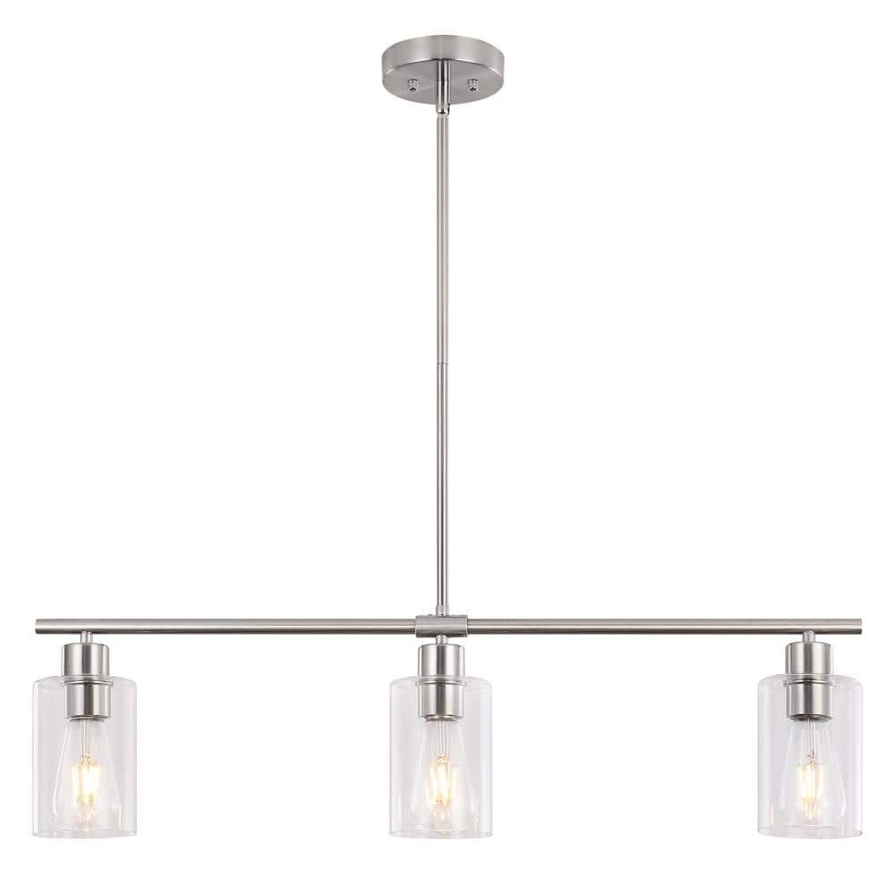 3-Light Nickel Rustic Linear Chandelier for Kitchen Island with Clear Glass