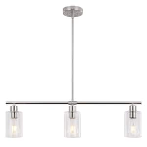 3-Light Nickel Rustic Linear Chandelier for Kitchen Island with Clear Glass Shades