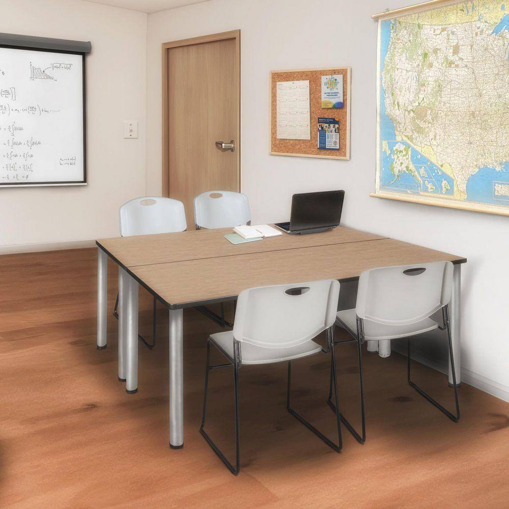 Kee 66 in. x 24 in. Noble Oak Top Training Table Desk, Chrome Legs and 2 Zeng Chairs-Grey