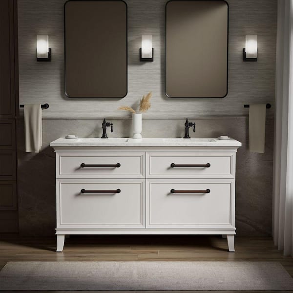 Artifacts 60in. Double Sink Freestanding Linen White Bath Vanity with White Quartz Top Unassembled