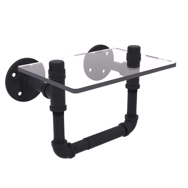 Allied Brass Pipeline Collection Wall-Mount Toilet Tissue Holder with Glass Shelf in Matte Black