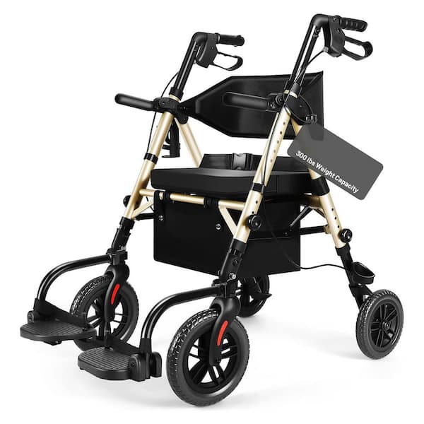 4-Wheel Rollator Walker w/ Seat in Champagne Lightweight Foldable Transport Chair for Seniors Adjustable Handle and Seat