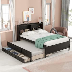 Espresso Full Kids Platform Bed with Trundle and 3-Drawers Wood Kids Bed with Bookcase Wood Frame Platform Bed