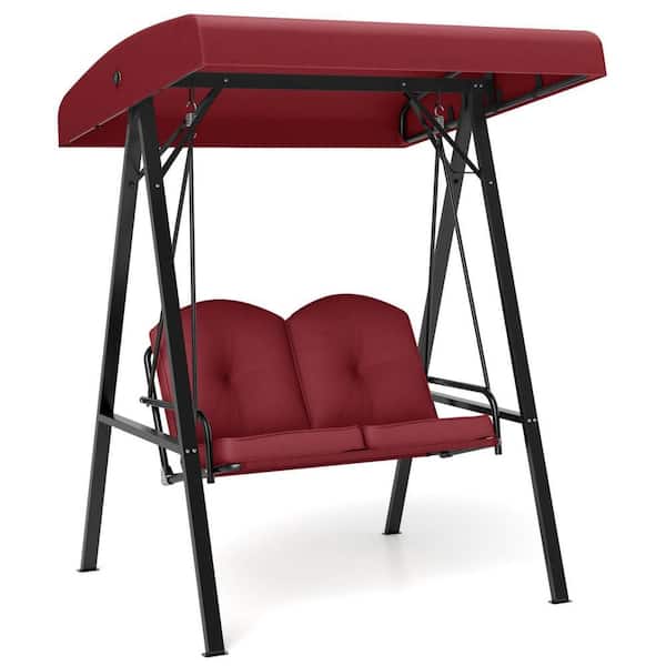 57 in. 2-Person A-Shaped Metal Stand Outdoor Porch Swing Loveseat with Wine Cushions