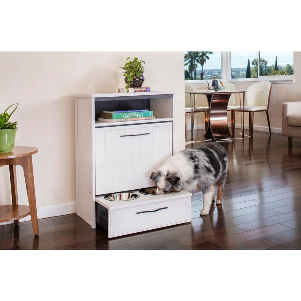 Off-White ECOFLEX Dog Food Pantry with Stainless Steel Bowls