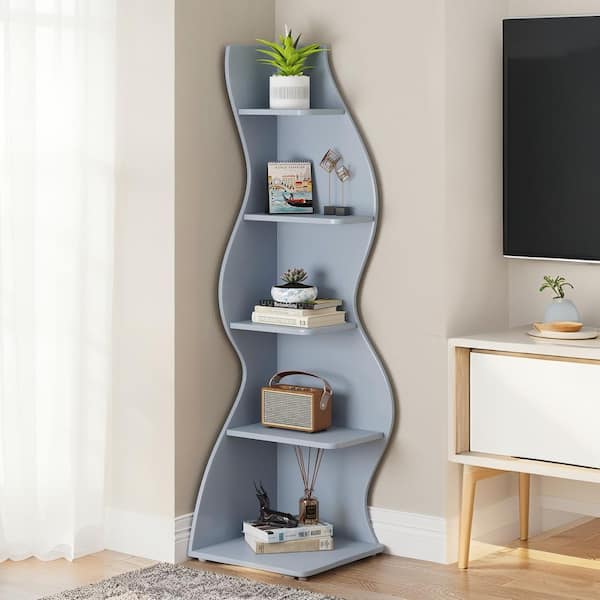 Modern 70 in. Tall Blue Wood 5-Shelf Corner Bookcase with Ample Storage and Space-Saving Design for Living room, Office