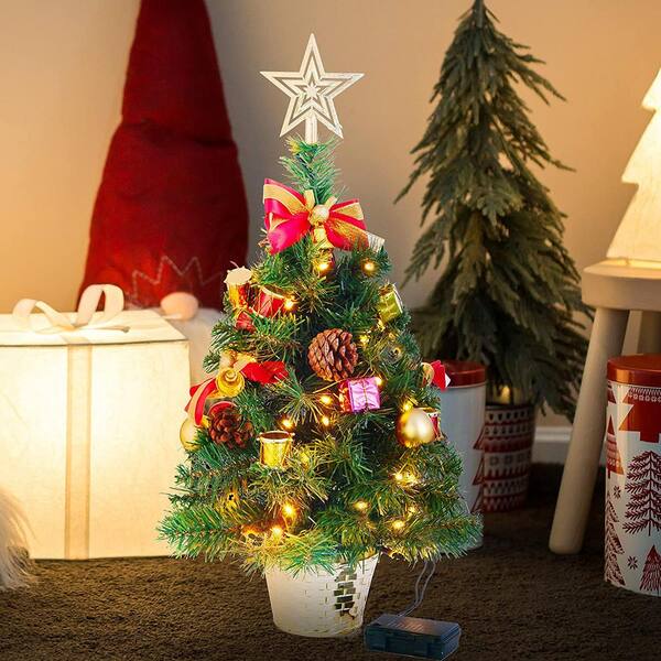 JOYIN 17.2 in. Tall Green PlasticandMetal Tabletop Christmas Tree with Holly Leaves and Pine Cones