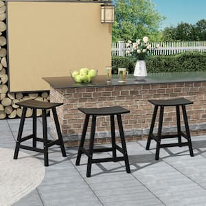 Franklin Black 24 in. Poly HDPE Fade Resistant Outdoor Patio Saddle Seat Counter Height Bar Stool (Set of 3)