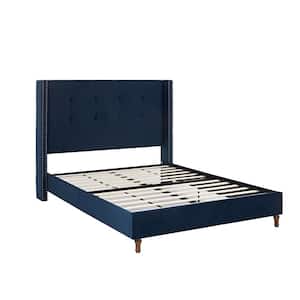 Peyton Blue Velvet Upholstery and Wood Frame Queen Platform Bed with Wingback