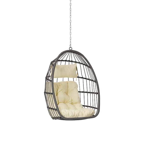 Unbranded 1-Person 28.5 in. W Dark Grey Rattan Frame Egg Swing Chair, Outdoor Garden Rattan Hanging Chair in Yellow