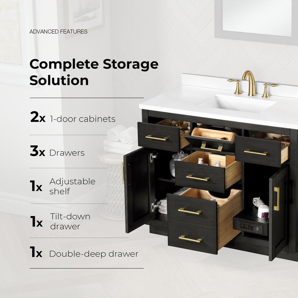 Bailey 42" Matte Black Wood Vanity with White Quartz Top