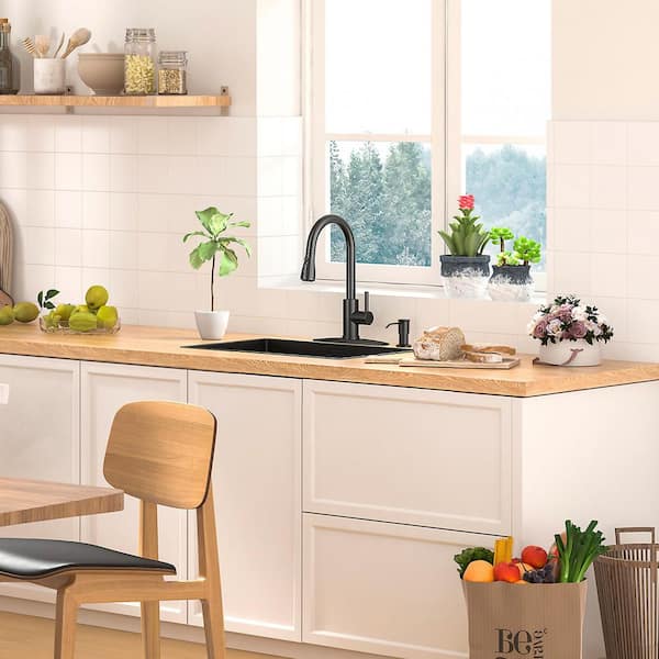 Single-Handle Pull Down Sprayer Kitchen Faucet with High-Arc Kitchen Sink Faucet with Soap Dispenser in Matte Black