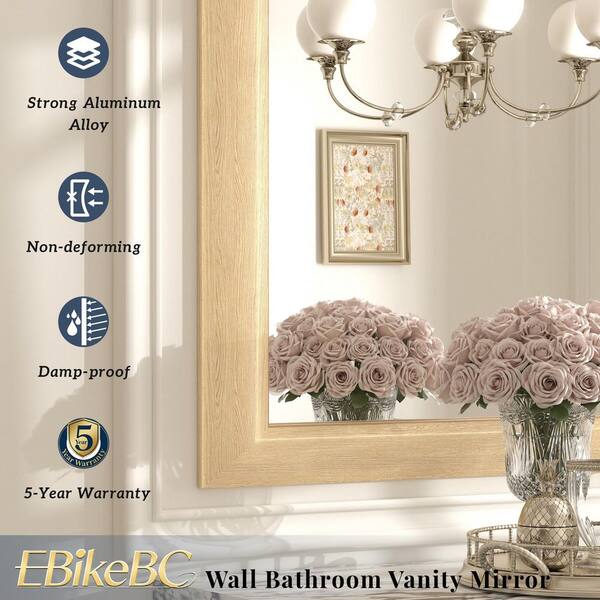55 in. H x 36 in. W Rectangular Aluminum Alloy Framed and Tempered Glass Wall Bathroom Mirror in Light Yellow Wood